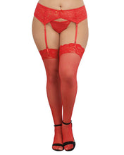 Load image into Gallery viewer, Fishnet Thigh Highs W/ Lace Top Red Q/S