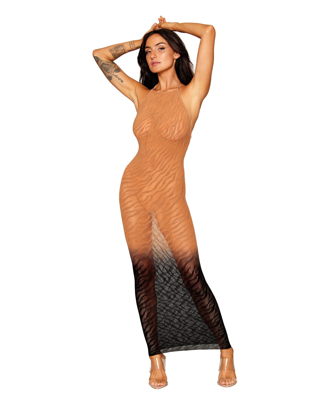 Zebra Knit Bodystocking Gown Black/copper O/S