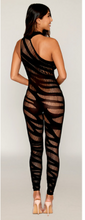 Load image into Gallery viewer, Asymmetrical, opaque, knitted bodystocking with allover slash design detail
